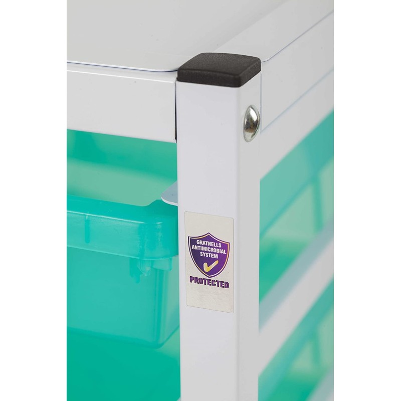 Gratnells Hospital-Grade Single Compact Medical Trolley with Storage Trays. Antimicrobial Metal and Trays